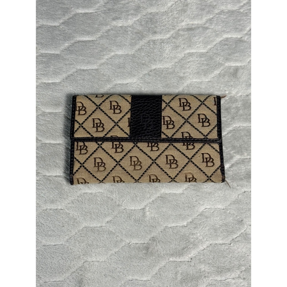 Dooney & Bourke Monogram Signature Canvas Trifold Wallet Brown Leather Trim
